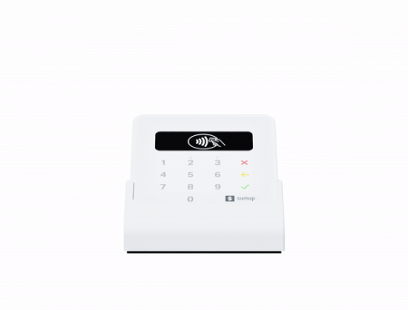SumUp Plus Card Reader with cradle and mobile phone in retail checkout setting
