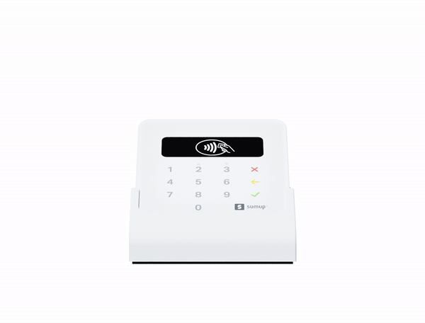 SumUp Plus Card Reader with cradle and mobile phone in retail checkout setting