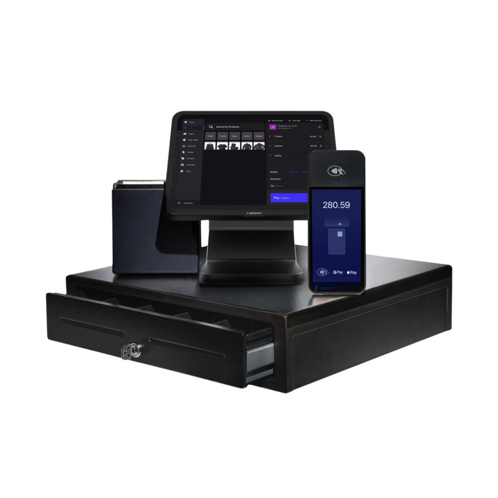 Lightspeed iPad POS system with touchscreen, payment terminal, and cash drawer