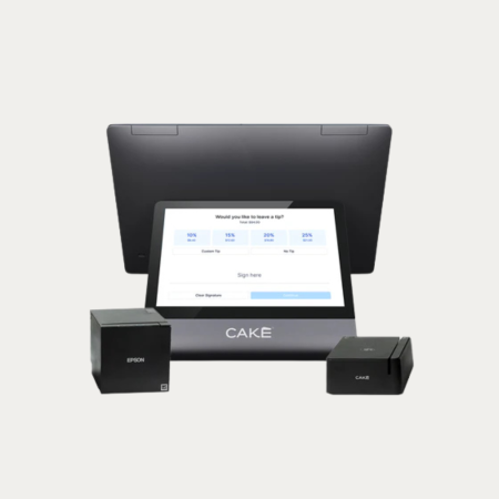 CAKE POS QuickService Essentials hardware bundle with touchscreen, receipt printer, and payment cube