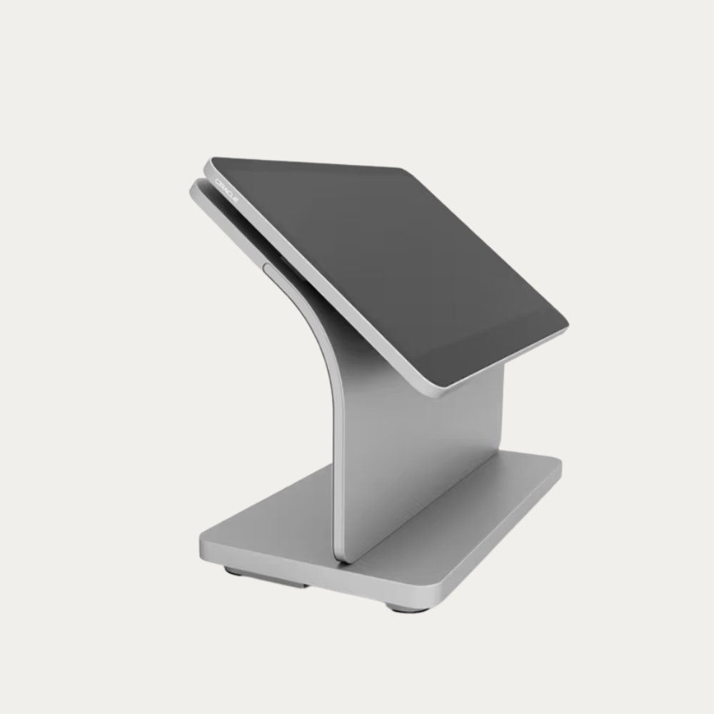 Side view of Oracle MICROS Workstation 8 POS terminal with sleek, modern design and 14-inch touchscreen.