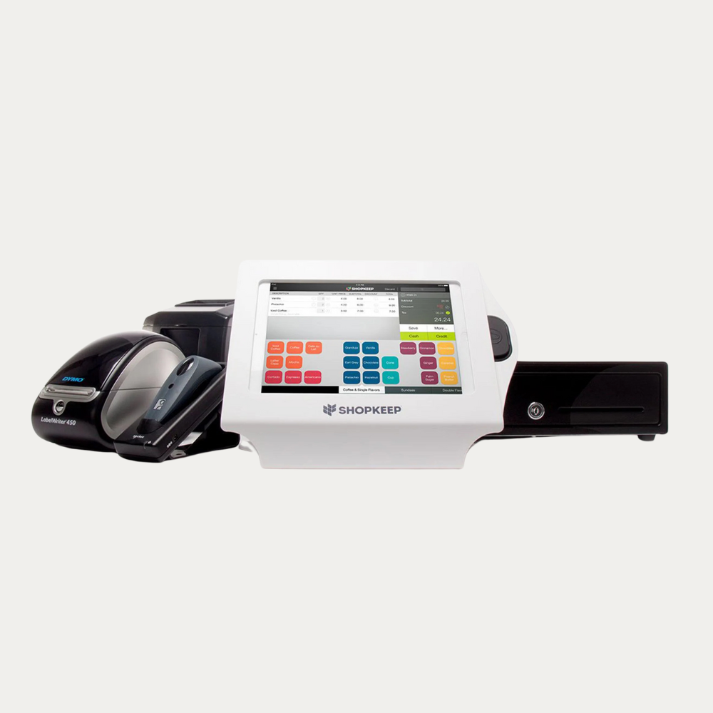 ShopKeep iPad POS System with cash drawer, barcode scanner, and receipt printer