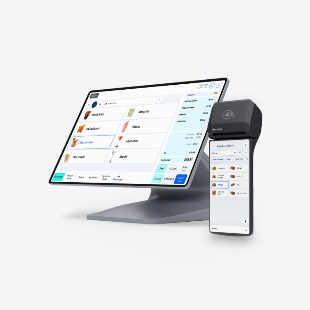 Heartland Restaurant POS system with countertop touchscreen and mobile handheld ordering device