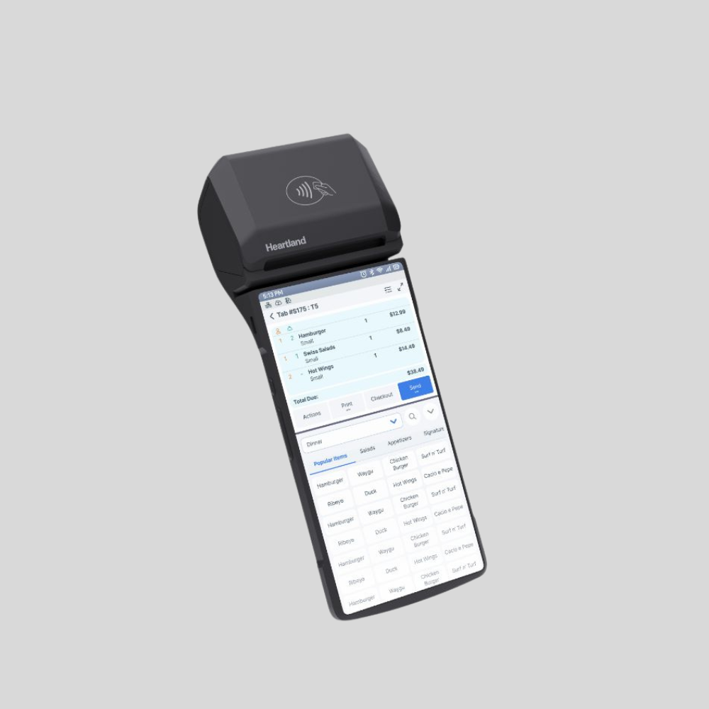 Handheld Heartland Mobile POS device with touchscreen showing order and checkout interface