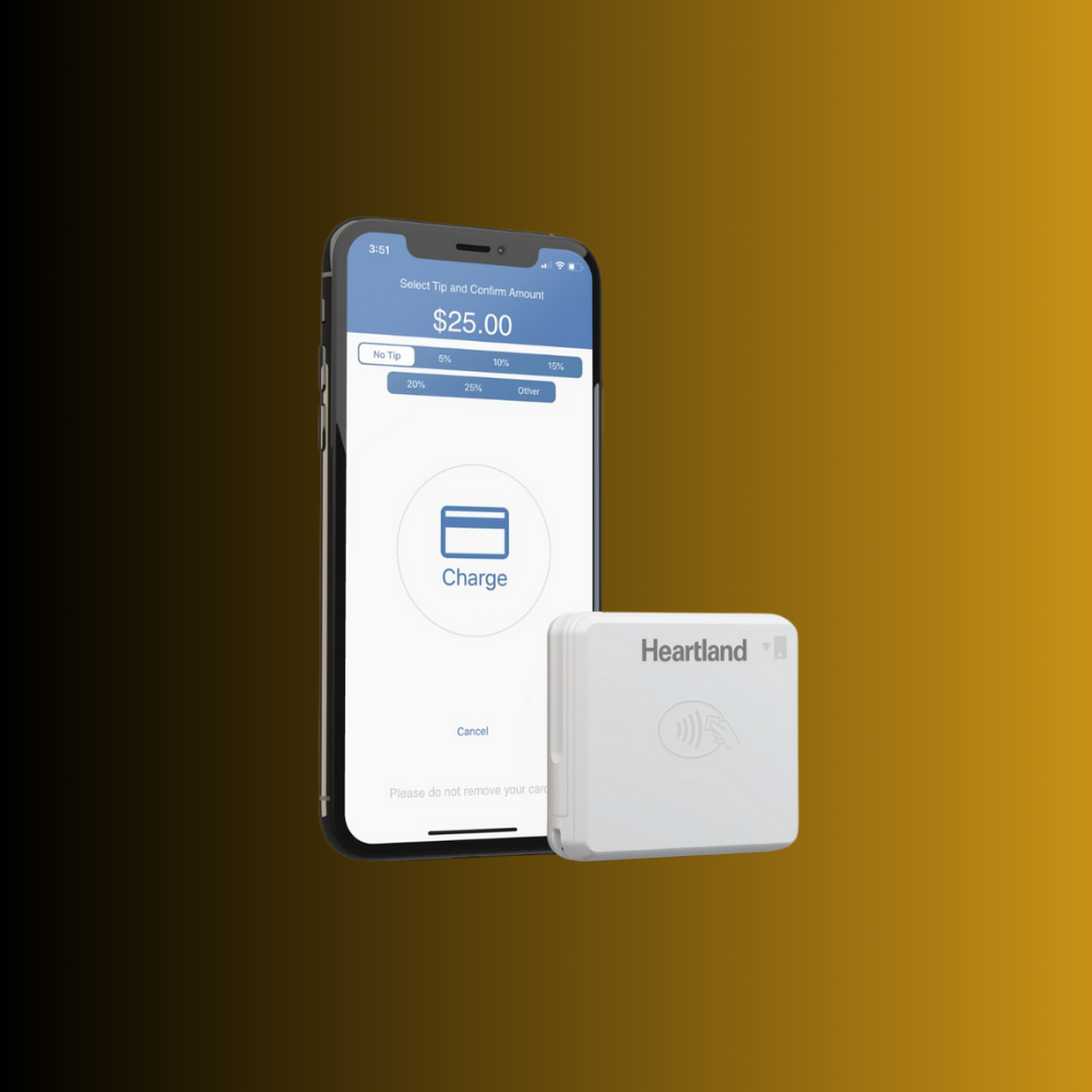 Heartland Mobile Card Reader connected to smartphone displaying $25.00 payment screen