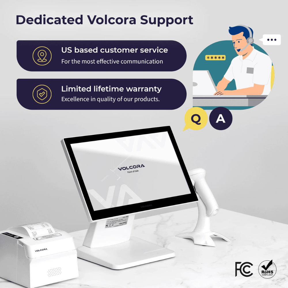 Volcora POS system with receipt printer and barcode scanner on a white counter, showcasing dedicated support with US-based customer service and a limited lifetime warranty.