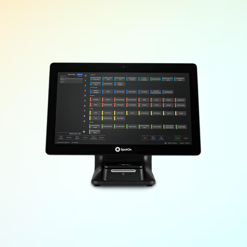 SpotOn Station 15-inch POS touchscreen with restaurant menu interface