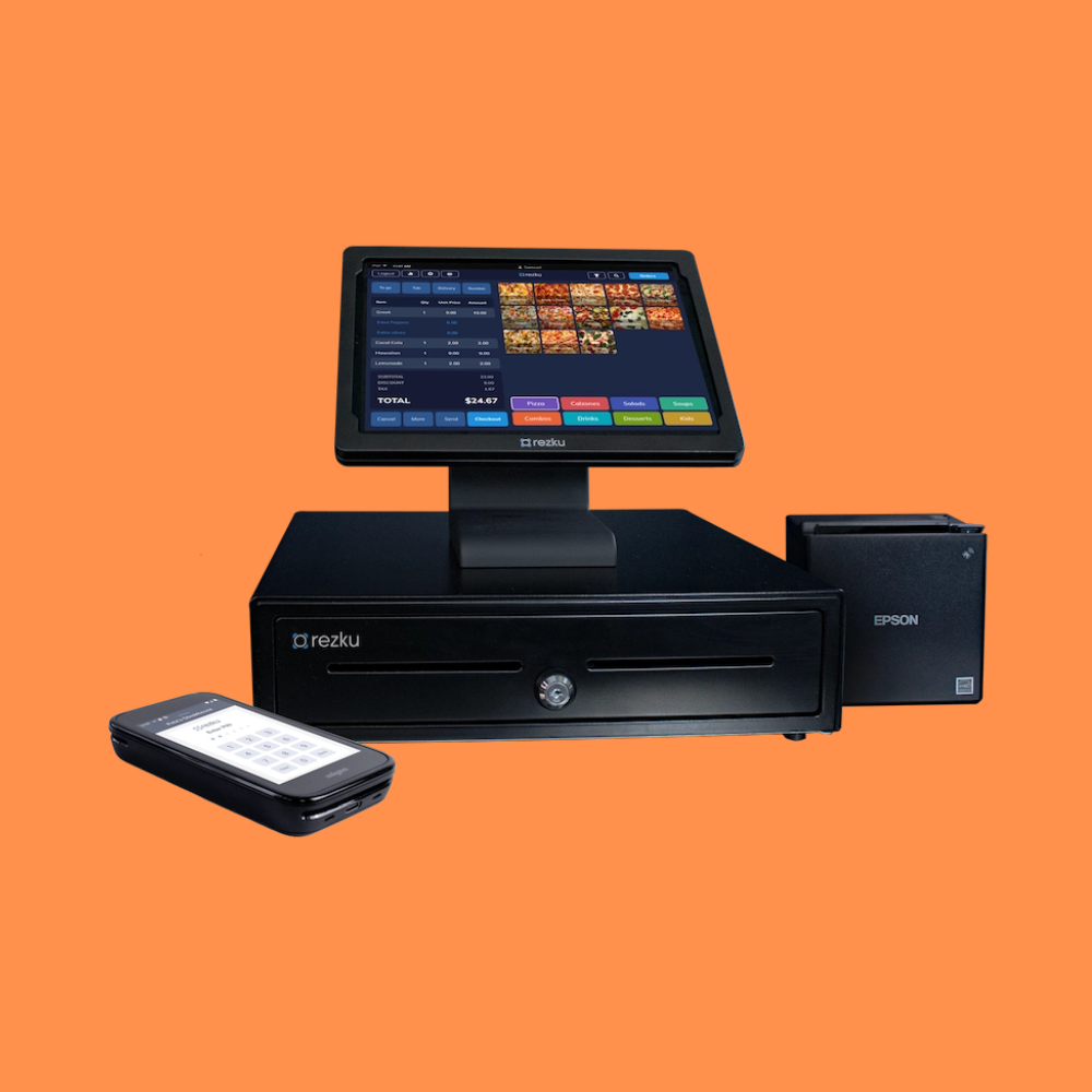 Rezku Pizza POS system bundle with touchscreen, card reader, receipt printer, and cash drawer on orange background.