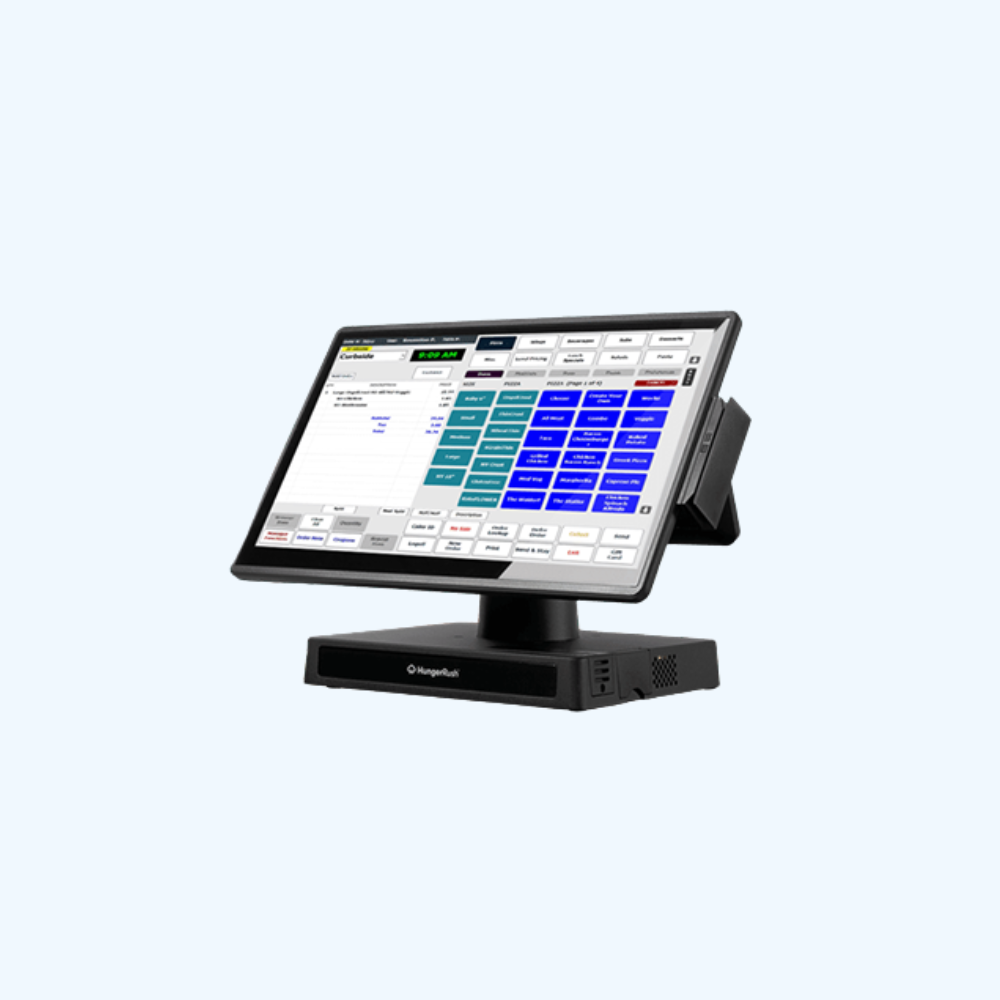 HungerRush POS System with touchscreen, receipt printer, cash drawer, and card reader