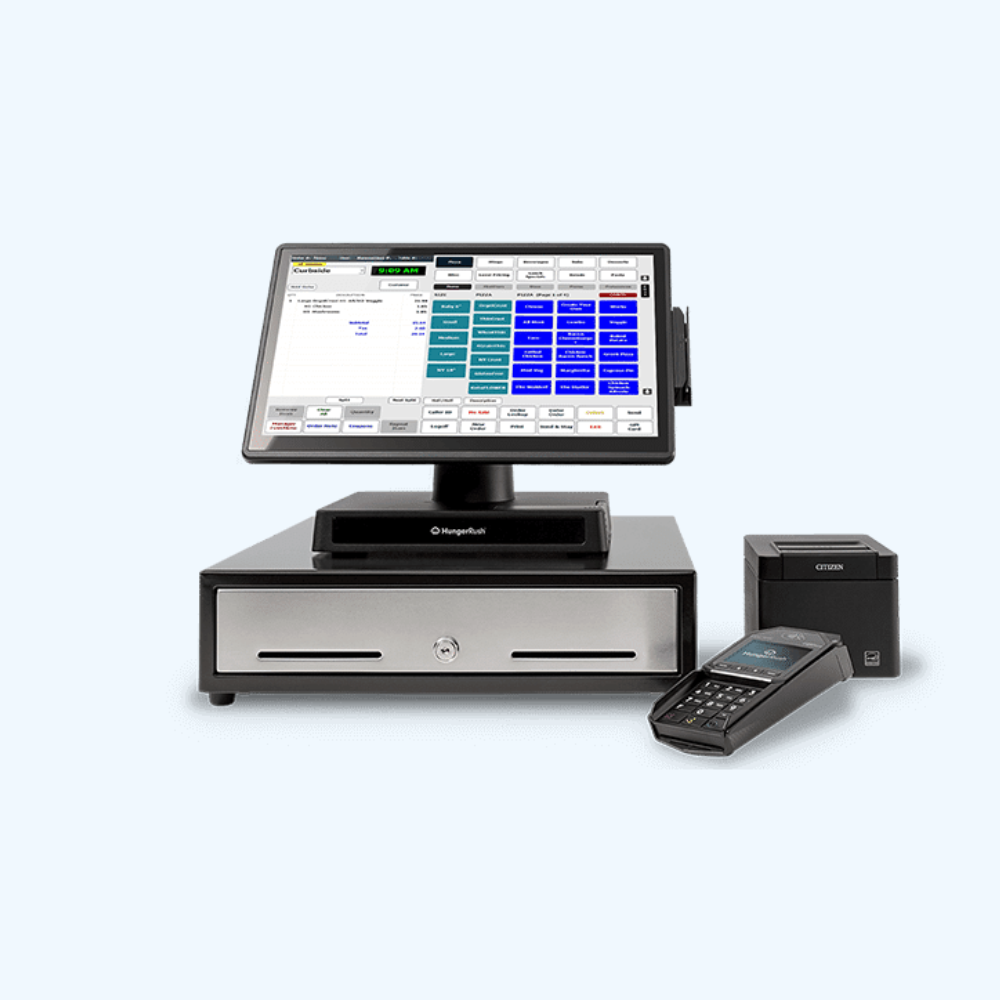 HungerRush POS System with touchscreen, receipt printer, cash drawer, and card reader